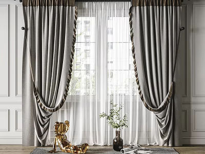 Gray Fabric Window Curtains With Sheer Panels And Gold Trim For Interior Design 3d model