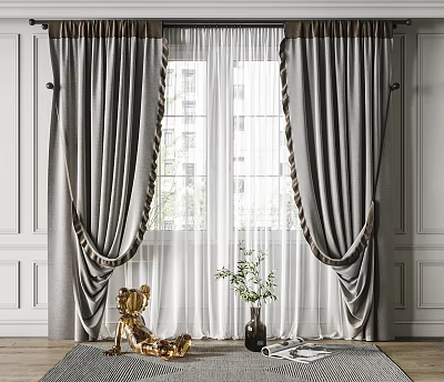 Gray Fabric Window Curtains With Sheer Panels And Gold Trim For Interior Design 3d model