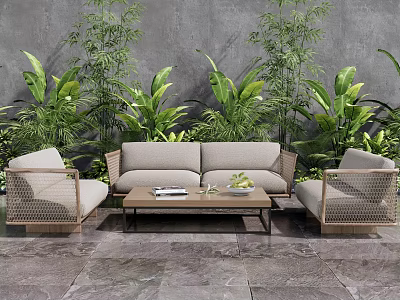 Outdoor Sofa Set With Rattan Armchairs Coffee Table And Green Plants Against Gray Wall 3d model