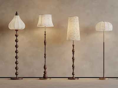 Various Designs Floor Lamps With White Shades Against Beige Wall Background 3d model