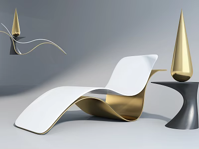 Sleek Modern White And Gold Lounge Chair With Curved Design And Gold Cone Decor 3d model