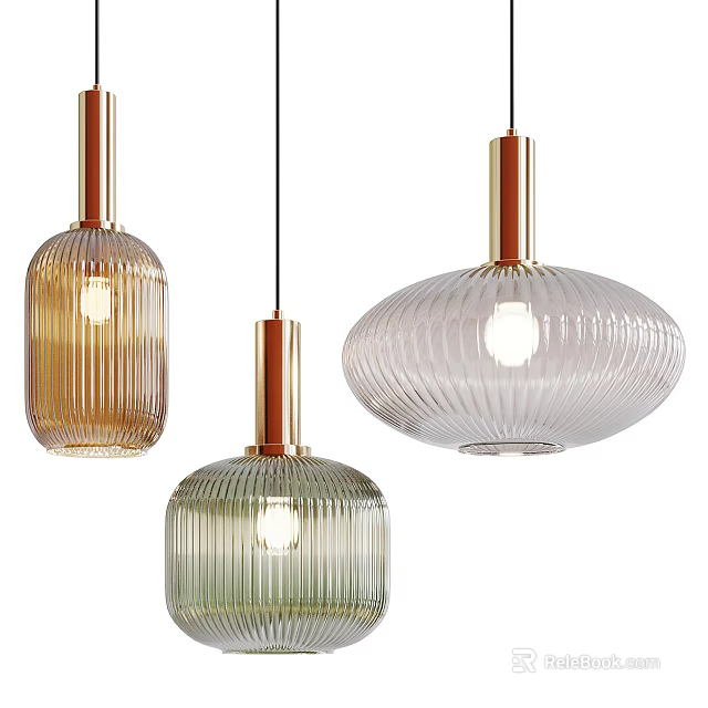 Modern Ribbed Glass Pendant Lights In Amber Green Clear With Copper Bases 3d model 