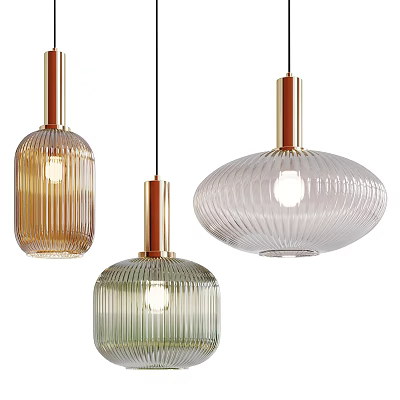 Modern Ribbed Glass Pendant Lights In Amber Green Clear With Copper Bases 3d model