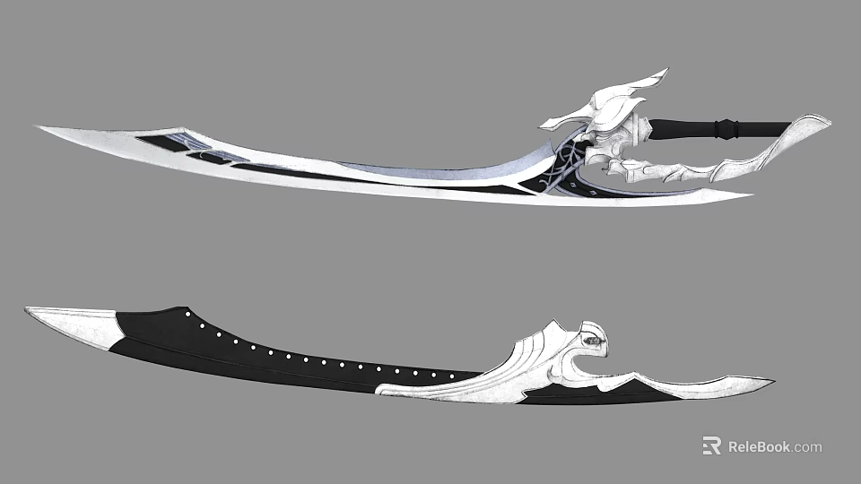 Fantasy Sword Weapon Design With Black White Color And Intricate Decorative Details 3d model 