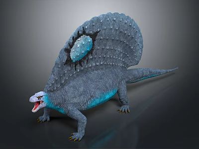 Prehistoric Sailback Creature With Gray Skin Blue Underbelly And Open Mouth Sharp Teeth 3d model