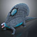 Prehistoric Sailback Creature With Gray Skin Blue Underbelly And Open Mouth Sharp Teeth