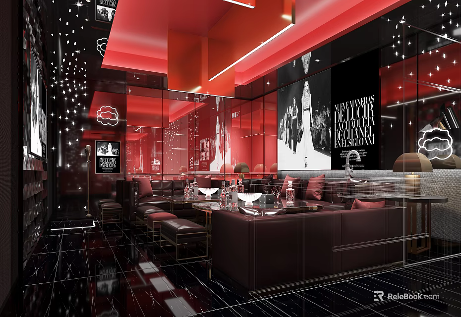 Stylish KTV Lounge Interior With Red Ceiling Black Walls Sofa Seats And Decorative Paintings 3d model 