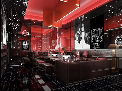 Stylish KTV Lounge Interior With Red Ceiling Black Walls Sofa Seats And Decorative Paintings 3d model