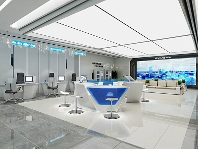 Modern Service Hall Interior Design With Service Counter Computer Workstations Seating Area And Large Screen 3d model