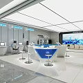 Modern Service Hall Interior Design With Service Counter Computer Workstations Seating Area And Large Screen 3d model