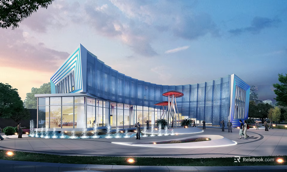 Modern Blue Curved Sales Office Building With Glass Curtain Walls Fountains And Evening Sky Plaza 3d model 
