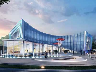 Modern Blue Curved Sales Office Building With Glass Curtain Walls Fountains And Evening Sky Plaza 3d model