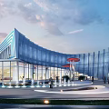 Modern Blue Curved Sales Office Building With Glass Curtain Walls Fountains And Evening Sky Plaza