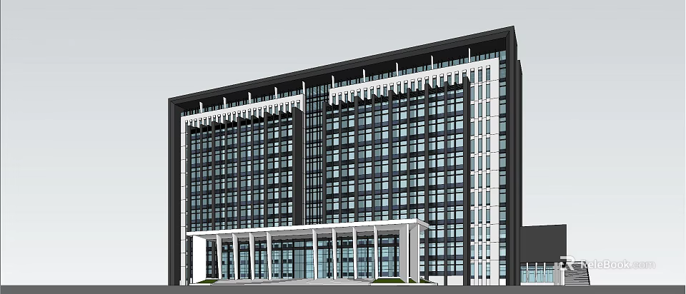 Modern High Rise Office Building With Glass Curtain Wall And White Column Entrance 3d model 