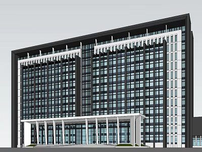 Modern High Rise Office Building With Glass Curtain Wall And White Column Entrance 3d model