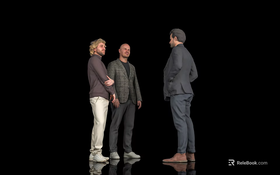 Three Men Standing Together Against Black Background Having Conversation With Different Clothing Styles 3d model 