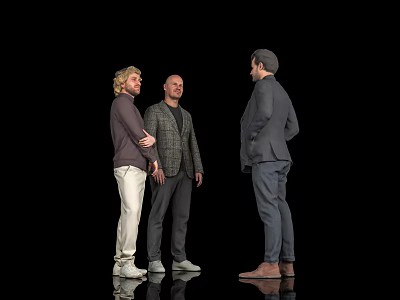 Three Men Standing Together Against Black Background Having Conversation With Different Clothing Styles 3d model