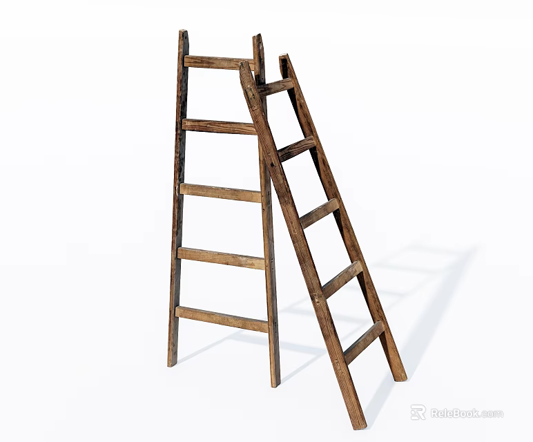 Two Wooden Ladders Leaning Together For Household Use With White Background 3d model 