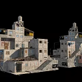 Dual Dilapidated Multi Story Building Structures With Staircases And Rustic Details