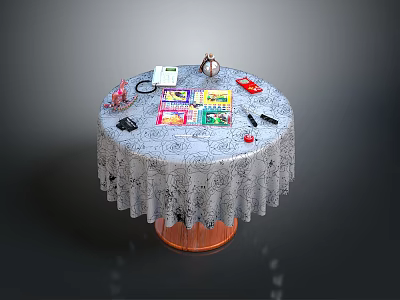 Round Table Scene With Patterned Tablecloth And Colorful Toys Books Stationery 3d model