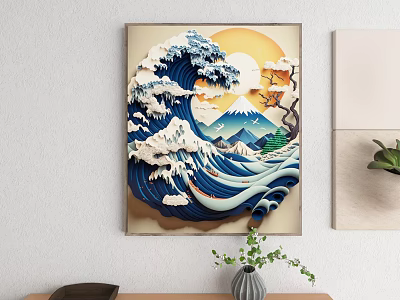 3D Decorative Landscape Painting With Wave Mount Fuji Sun And Trees 3d model