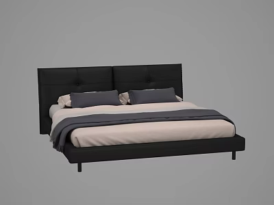 Modern Double Bed With Black Headboard Light Colored Mattress And Gray Pillows 3d model