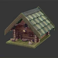 Handmade Wooden Birdhouse Model Featuring Shingle Roof Entrance Base And Decorative Logs