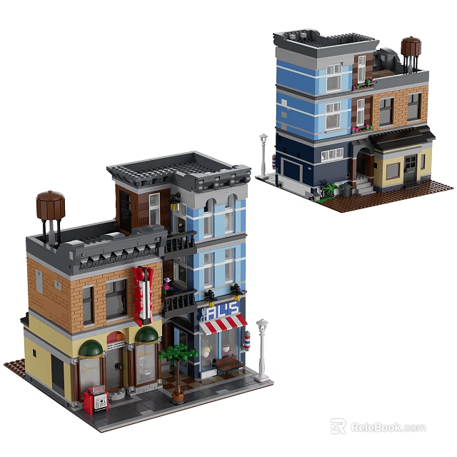 Building Block Multi Story Buildings with Blue Brown Gray Facades Store Signs Street Lamp Plants 3d model 