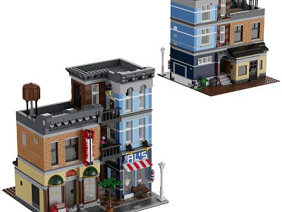 Building Block Multi Story Buildings with Blue Brown Gray Facades Store Signs Street Lamp Plants 3d model