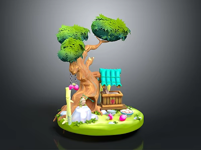 Enchanted Miniature Scene with Tree Small Hut Mushrooms and Flowers on Green Circular Base 3d model