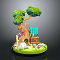 Enchanted Miniature Scene with Tree Small Hut Mushrooms and Flowers on Green Circular Base