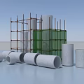 Industrial Construction Components Featuring Scaffolding Concrete Pipes Cylindrical Columns And Green Formwork Panels