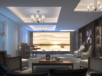 Elegant Home Theater Interior With Chinese Landscape Painting Chandeliers Comfortable Sofas Coffee Table And Bookshelves 3d model