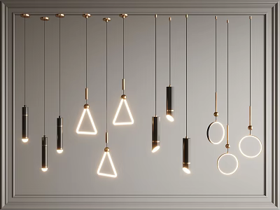 Modern Geometric Pendant Lights With Triangle Circle Cylinder Shapes And Golden Metal Frames 3d model