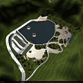 Aerial View Of Planned Lakeside Tourist Resort With Complete Supporting Facilities And Lush Green Hills