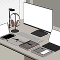 Computer Workspace Setup With Desktop Monitor Dual Tablets Keyboard Mouse And Headphones
