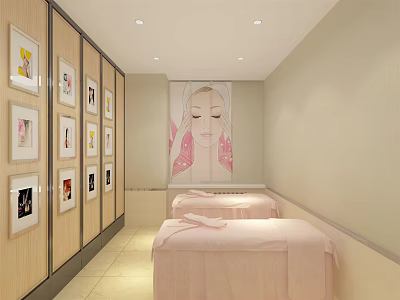 Serene SPA Room with Wooden Cabinets Picture Frames Pink Sheets Massage Beds and Wall Painting 3d model