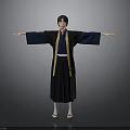 Man In Traditional Black And Blue Robe With Arms Outstretched Against Neutral Gray Background
