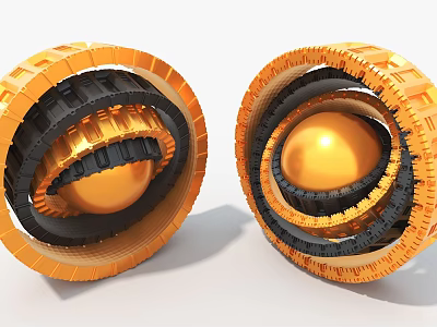 Futuristic Mechanical Art Installation Featuring Orange Black Circular Rings And Golden Central Sphere 3d model