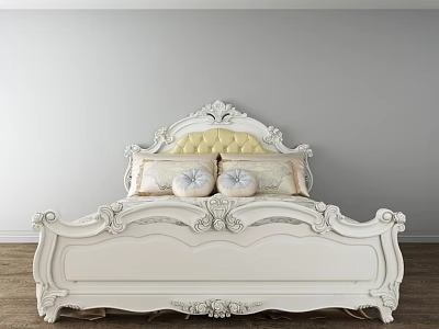 White Carved Double Bed With Yellow Upholstered Headboard Pillows Gray Wall And Wooden Floor 3d model