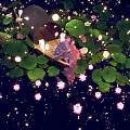 Cartoon Scene of Two People Sitting on Boat With Lotus Flowers Lanterns and Starry Lights