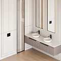 Modern Washbasin Vanity Design With Double Sink Mirror Lighting And Striped Cabinet Interior