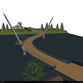 Modern Cable Stayed Bridge With Wooden Walkway Along Waterfront And Green Trees