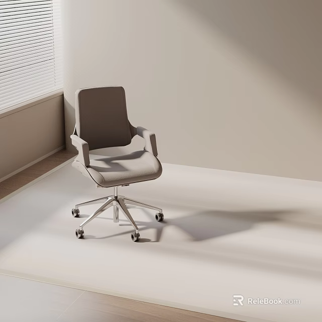 Gray Office Chair With Armrests And Wheels In Minimalist Room Window Blinds Bright Light 3d model 