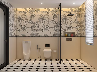 Tropical Plant Wallpaper Bathroom Interior With Black White Checkered Tiles Shower Toilet And Urinal 3d model