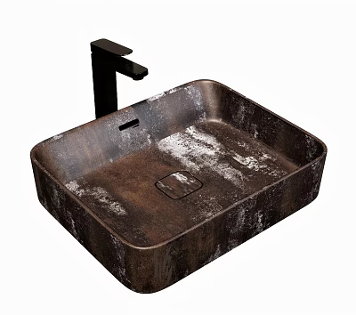 Vintage Distressed Metal Square Washbasin Design With Black Faucet And Textured Surface 3d model