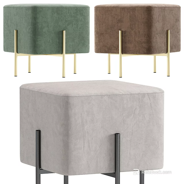 Modern Sofa Stools In Green Brown Gray With Velvet Upholstery And Golden Black Metal Legs 3d model 