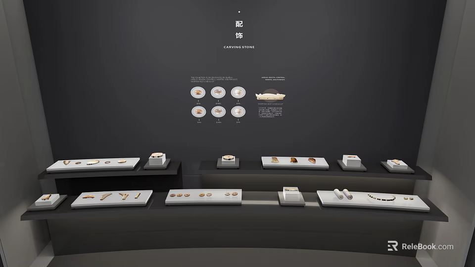 Elegant Accessories Exhibition Showcase With Multiple Display Stands And Decorative Items 3d model