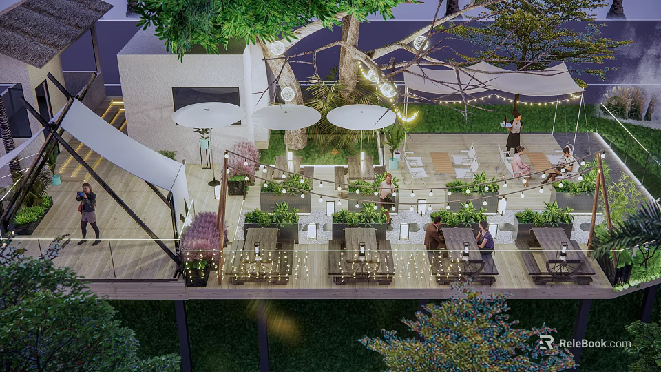 Garden Landscape Design with Outdoor Terrace Green Plants String Lights and Seating 3d model 