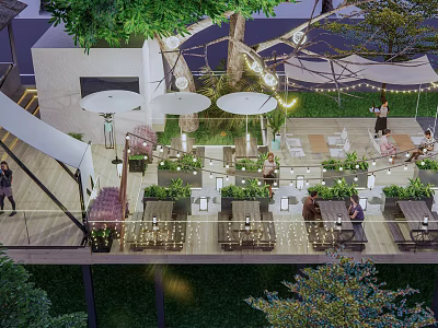 Garden Landscape Design with Outdoor Terrace Green Plants String Lights and Seating 3d model